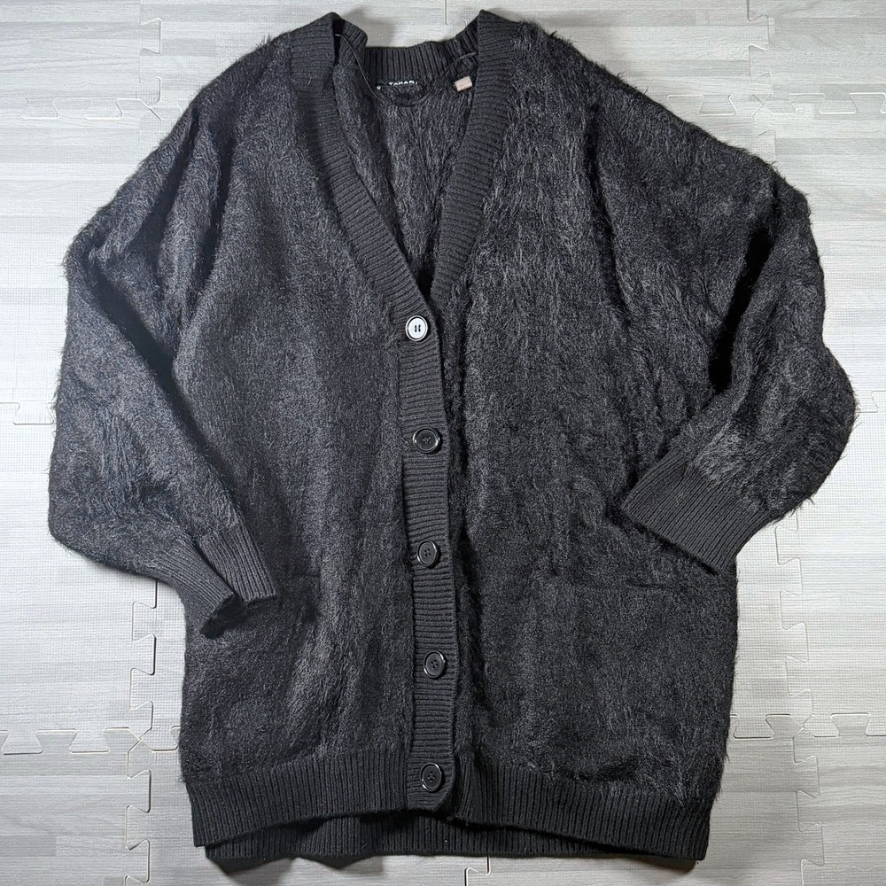 Black Fuzzy Knit Longline Cardigan Oversized Slouchy Button Front